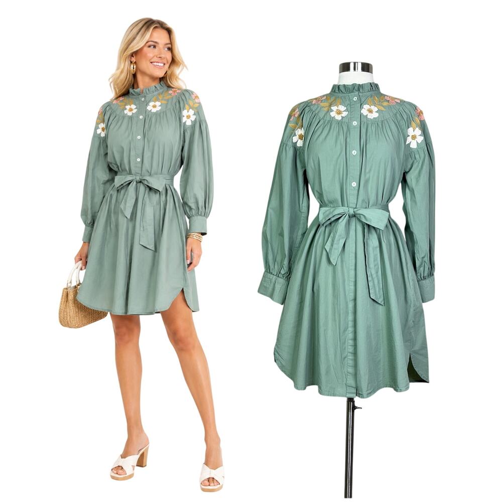 Ex Voto | Embroidered Floral Sage Green Long Sleeve Cotton Belted Shirt Dress XS